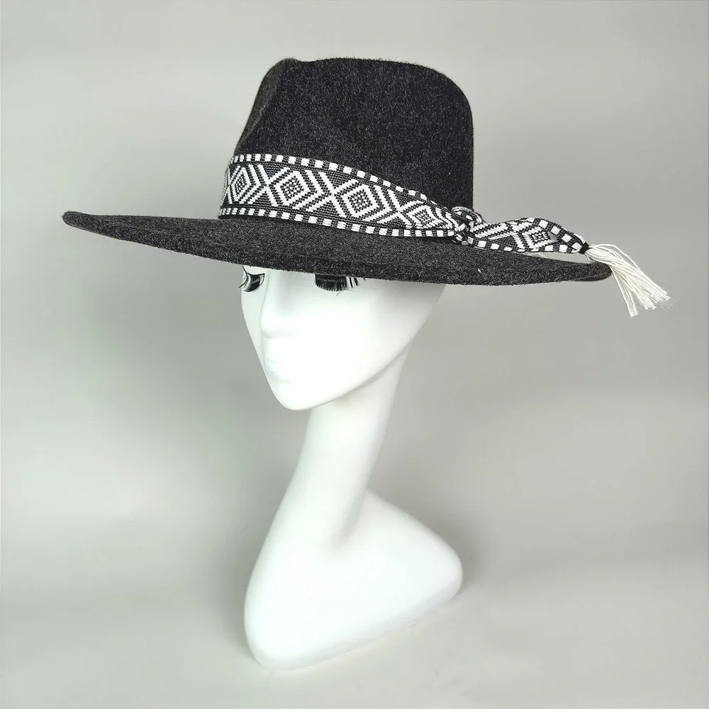 Dark‎ Grey Felt Wide Brim Hat Geometric Pattern Band Tassels